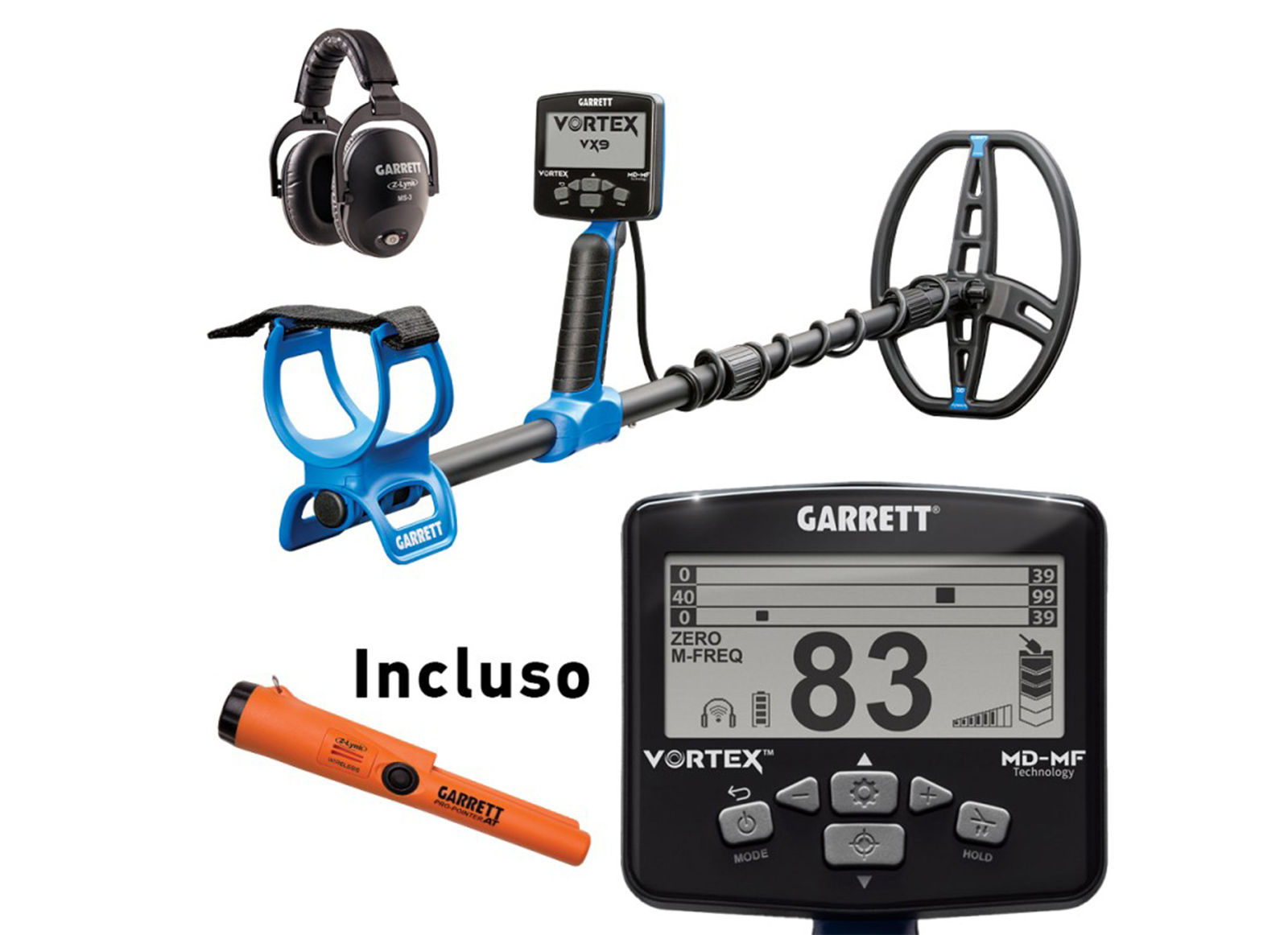 GARRETT METAL DETECTOR VORTEX VX9 CON PRO POINTER E CUFFIE AT Z-LYNK INCLUSO